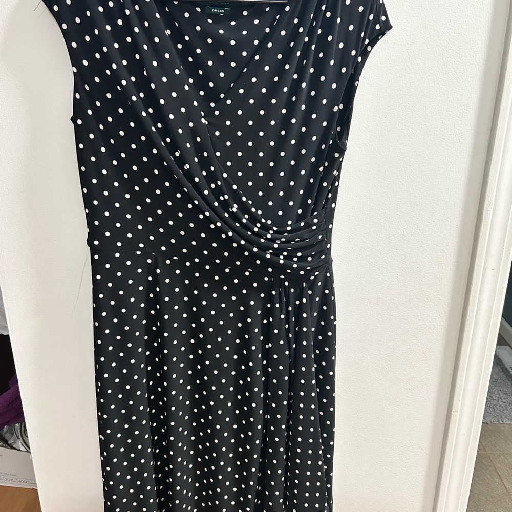 LAUREN Ralph Lauren Black & White Polka Dot Wrap Stretch Jersey‎ Dress Sz 12